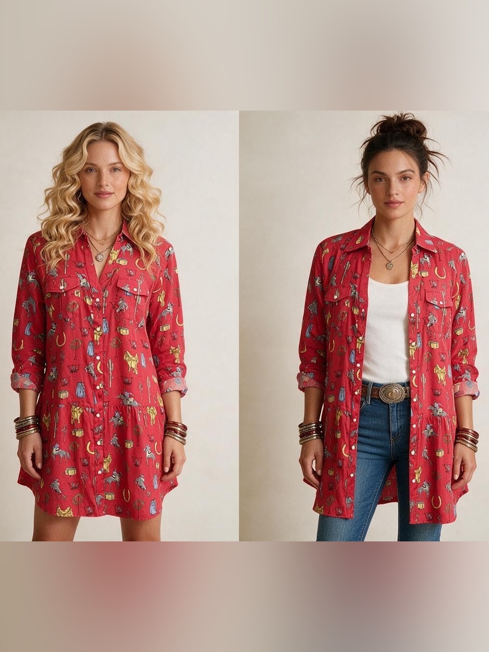Tasha Polizzi Red Western Print Shirt Dress | Size L